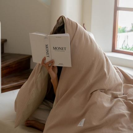 时光里 2023新款60支全棉华夫格四件套 卡其配杏仁