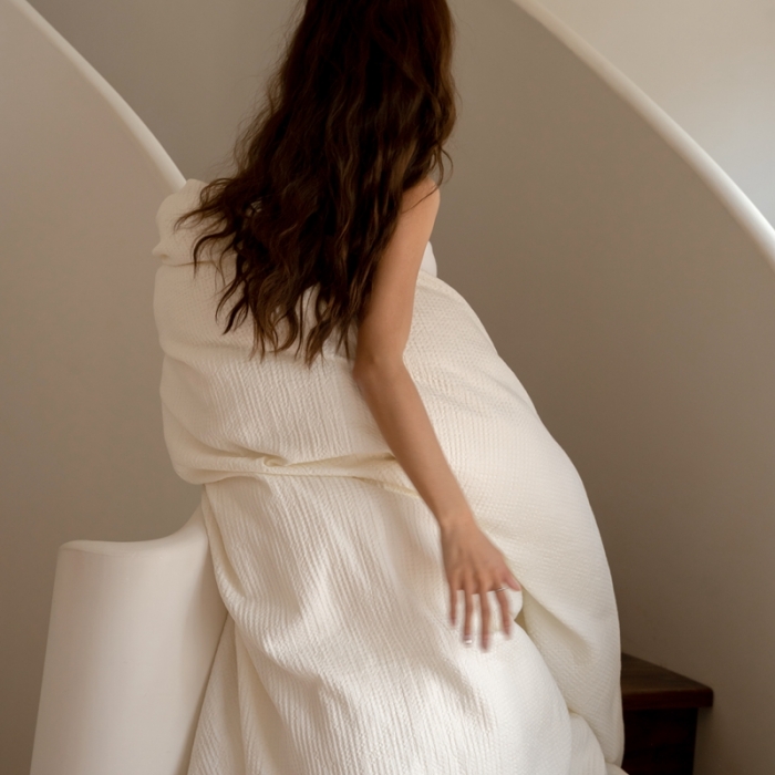 91家纺网 家纺一手货源 找家纺 时光里 2023新款60支全棉华夫格四件套 奶油白配夏芝粉