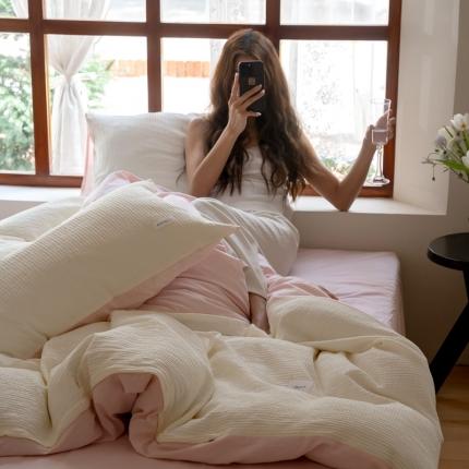 时光里 2023新款60支全棉华夫格四件套 奶油白配夏芝粉