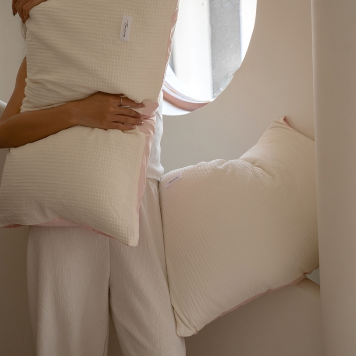 91家纺网 家纺一手货源 找家纺 时光里 2023新款60支全棉华夫格四件套 奶油白配夏芝粉