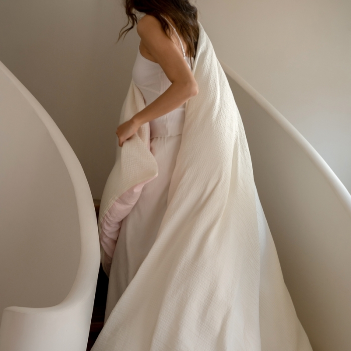 91家纺网 家纺一手货源 找家纺 时光里 2023新款60支全棉华夫格四件套 奶油白配夏芝粉