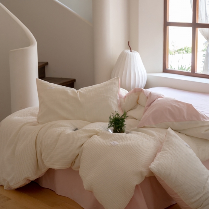 91家纺网 家纺一手货源 找家纺 时光里 2023新款60支全棉华夫格四件套 奶油白配夏芝粉