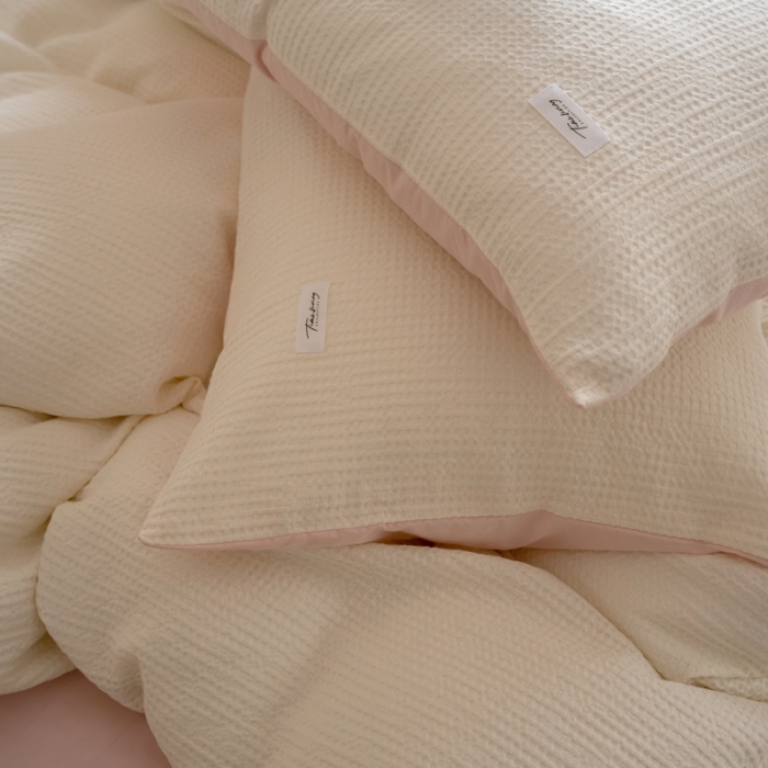 91家纺网 家纺一手货源 找家纺 时光里 2023新款60支全棉华夫格四件套 奶油白配夏芝粉