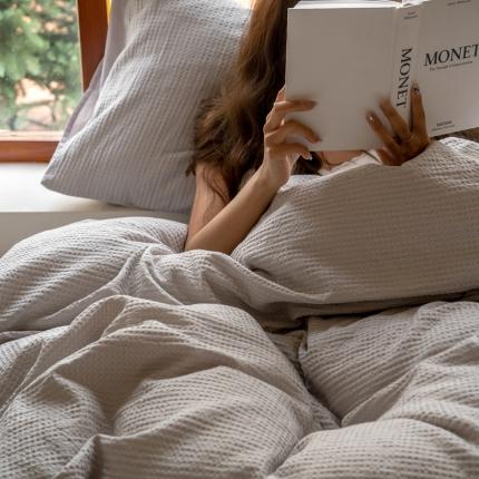 时光里 2023新款60支全棉华夫格四件套 浅灰配琥珀银