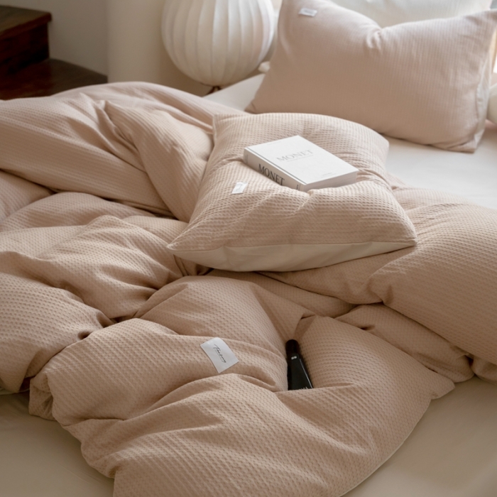 91家纺网 家纺一手货源 找家纺 时光里 2023新款60支全棉华夫格单品被套 卡其