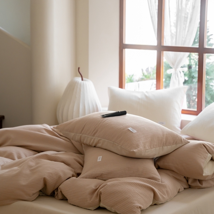 91家纺网 家纺一手货源 找家纺 时光里 2023新款60支全棉华夫格单品被套 卡其