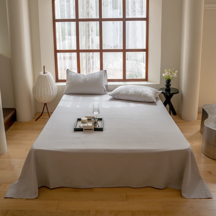 91家纺网 家纺一手货源 找家纺 时光里 2023新款60支全棉华夫格单品床单 浅灰