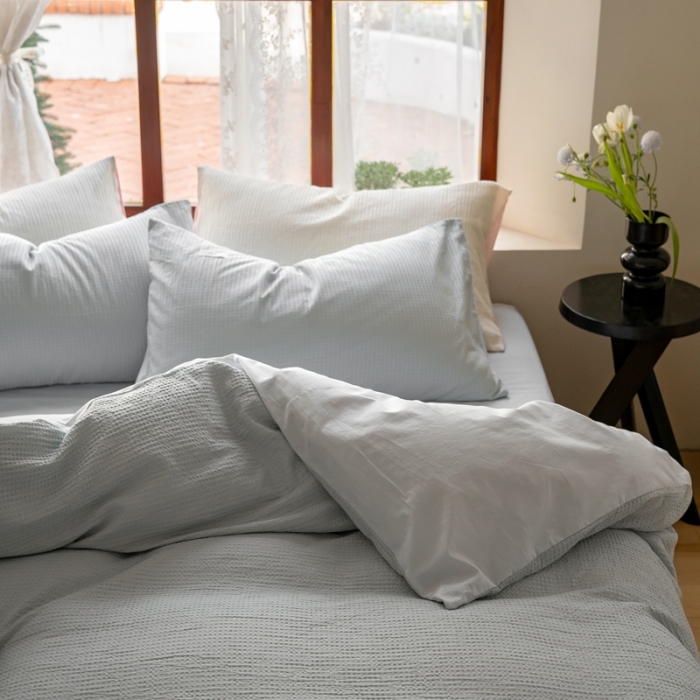 91家纺网 家纺一手货源 找家纺 时光里 2023新款60支全棉华夫格单品枕套 海盐兰