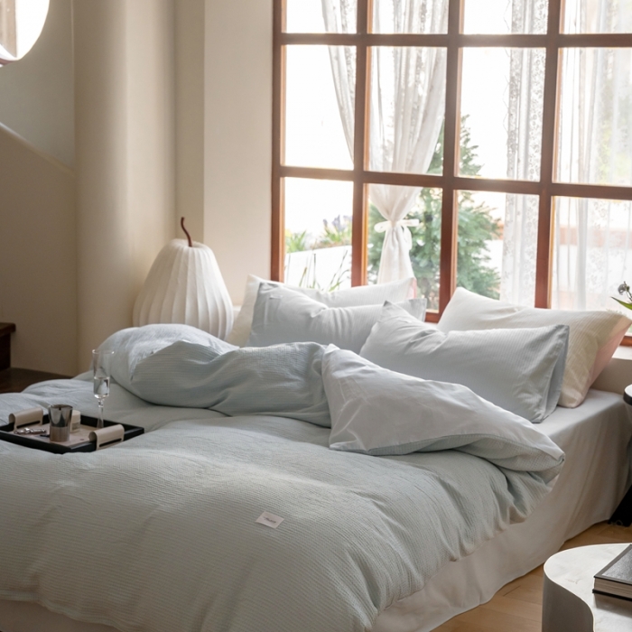 91家纺网 家纺一手货源 找家纺 时光里 2023新款60支全棉华夫格单品枕套 海盐兰