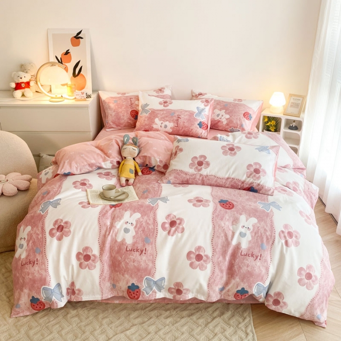 91家纺网 家纺一手货源 找家纺 黑马家居2023新款全棉印花喷气12868套件-四件套 油画小兔