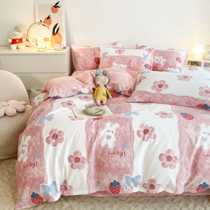 91家纺网 家纺一手货源 找家纺 黑马家居2023新款全棉印花喷气12868套件-四件套 油画小兔