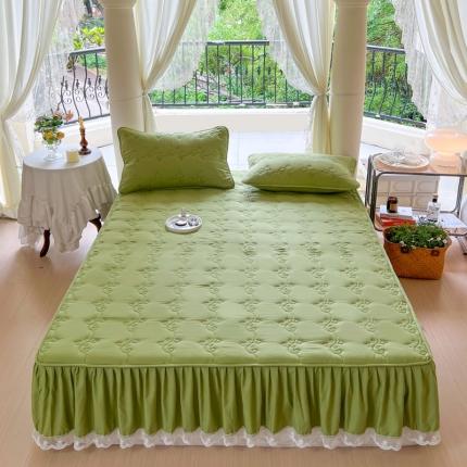 91家纺网 家纺一手货源 找家纺 尊康家纺（原磊科） 2024新款金铃花系列亲肤奶昔白夹棉花边款床笠 金铃花-嫩绿