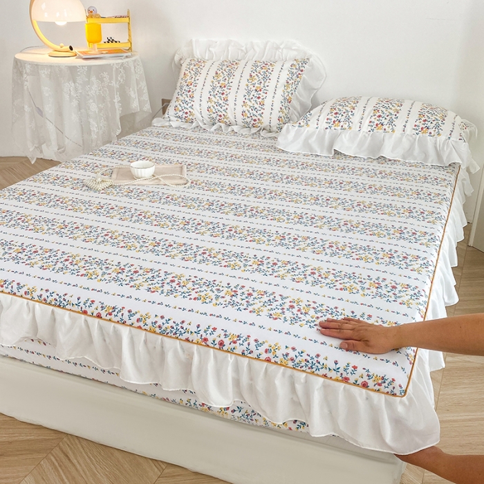 91家纺网 家纺一手货源 找家纺 简宜家居 2023新款40支纯棉小清新A版花边床笠 黄赤玫