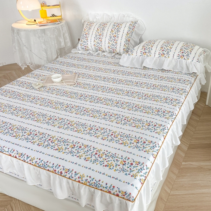 91家纺网 家纺一手货源 找家纺 简宜家居 2023新款40支纯棉小清新A版花边床笠 黄赤玫