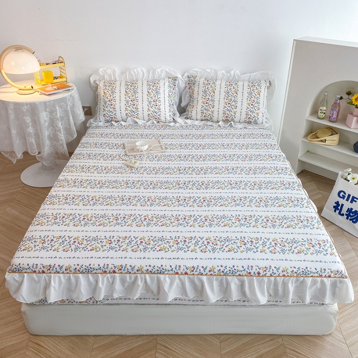 91家纺网 家纺一手货源 找家纺 简宜家居 2023新款40支纯棉小清新A版花边床笠 黄赤玫