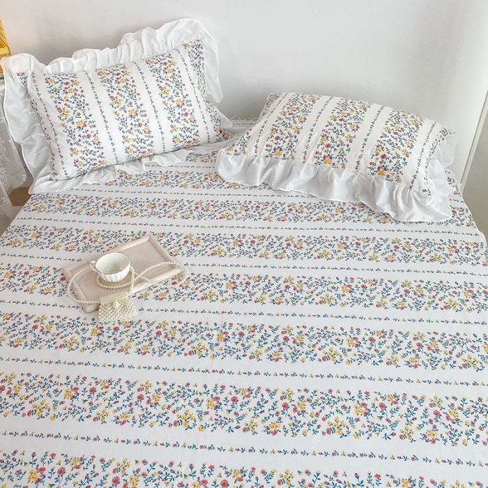 91家纺网 家纺一手货源 找家纺 简宜家居 2023新款40支纯棉小清新A版花边床笠 黄赤玫