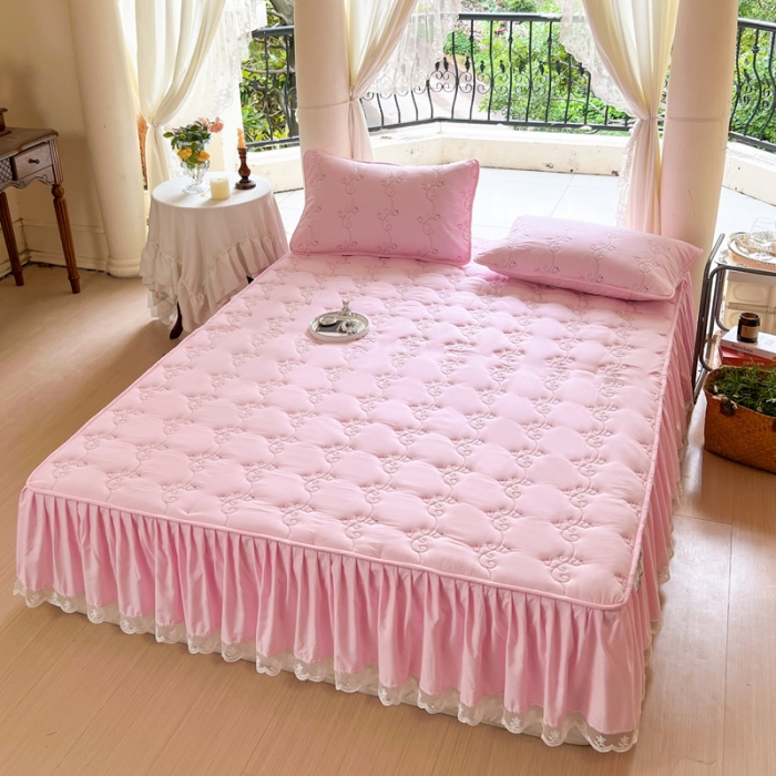 91家纺网 家纺一手货源 找家纺 尊康家纺（原磊科） 2024新款金铃花系列亲肤奶昔白夹棉花边款床笠 金铃花-豆沙粉