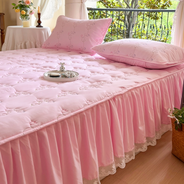 91家纺网 家纺一手货源 找家纺 尊康家纺（原磊科） 2024新款金铃花系列亲肤奶昔白夹棉花边款床笠 金铃花-豆沙粉