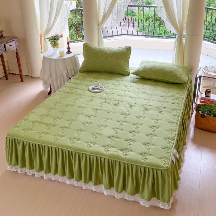 91家纺网 家纺一手货源 找家纺 尊康家纺（原磊科） 2024新款金铃花系列亲肤奶昔白夹棉花边款床笠 金铃花-嫩绿