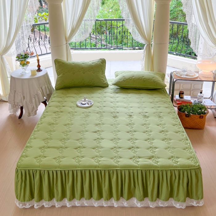 91家纺网 家纺一手货源 找家纺 尊康家纺（原磊科） 2024新款金铃花系列亲肤奶昔白夹棉花边款床笠 金铃花-嫩绿