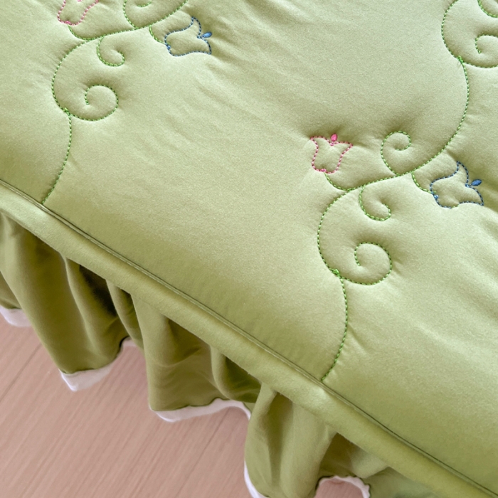 91家纺网 家纺一手货源 找家纺 尊康家纺（原磊科） 2024新款金铃花系列亲肤奶昔白夹棉花边款床笠 金铃花-嫩绿