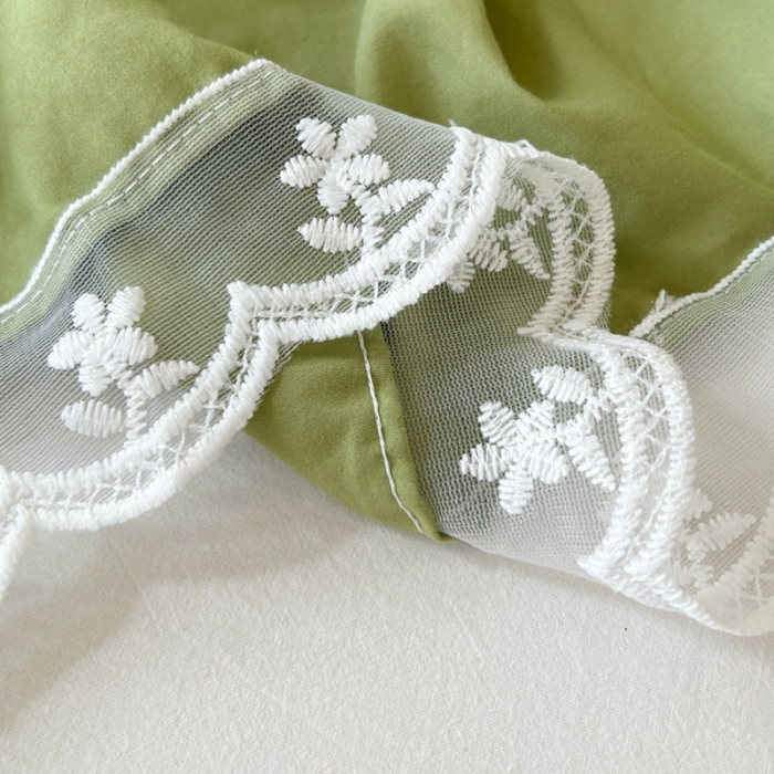 91家纺网 家纺一手货源 找家纺 尊康家纺（原磊科） 2024新款金铃花系列亲肤奶昔白夹棉花边款床笠 金铃花-嫩绿