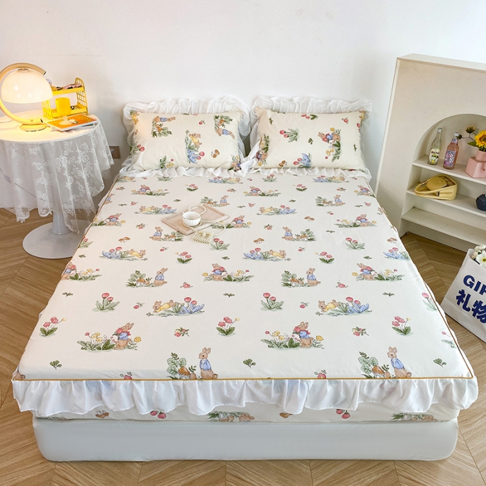 91家纺网 家纺一手货源 找家纺 简宜家居 2023新款40支纯棉小清新A版花边床笠 花园兔