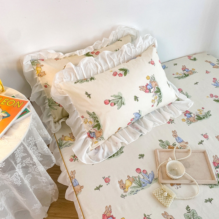 91家纺网 家纺一手货源 找家纺 简宜家居 2023新款40支纯棉小清新A版花边床笠 花园兔