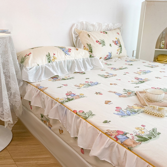 91家纺网 家纺一手货源 找家纺 简宜家居 2023新款40支纯棉小清新A版花边床笠 花园兔