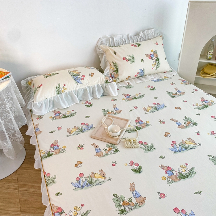 91家纺网 家纺一手货源 找家纺 简宜家居 2023新款40支纯棉小清新A版花边床笠 花园兔