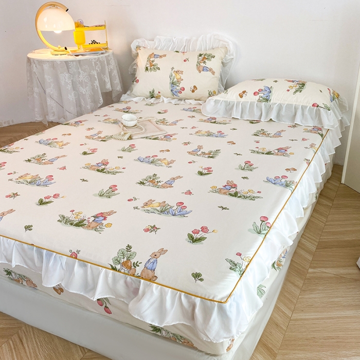 91家纺网 家纺一手货源 找家纺 简宜家居 2023新款40支纯棉小清新A版花边床笠 花园兔