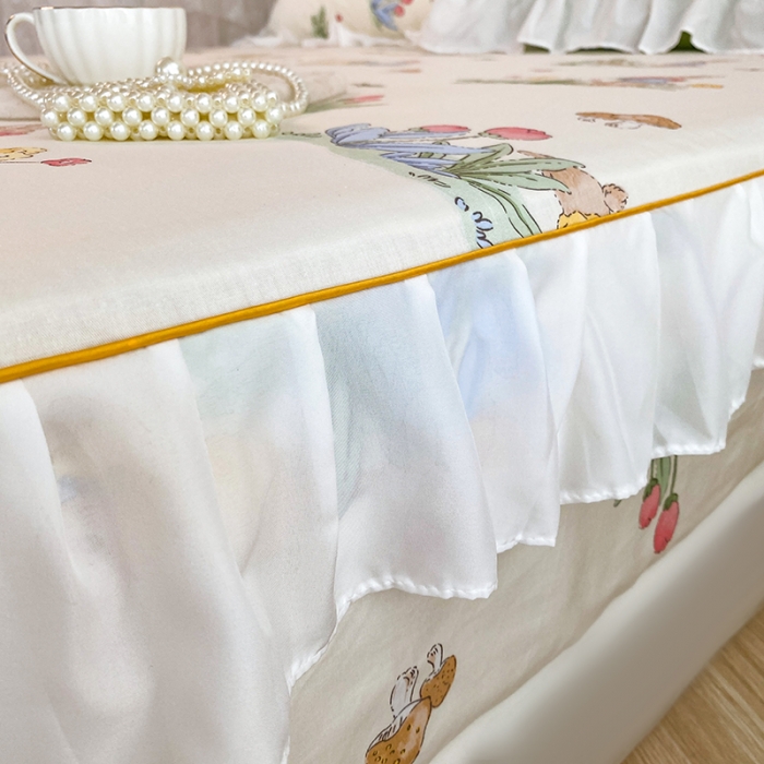 91家纺网 家纺一手货源 找家纺 简宜家居 2023新款40支纯棉小清新A版花边床笠 花园兔