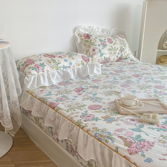 91家纺网 家纺一手货源 找家纺 简宜家居 2023新款40支纯棉小清新A版花边床笠 玛丽春天