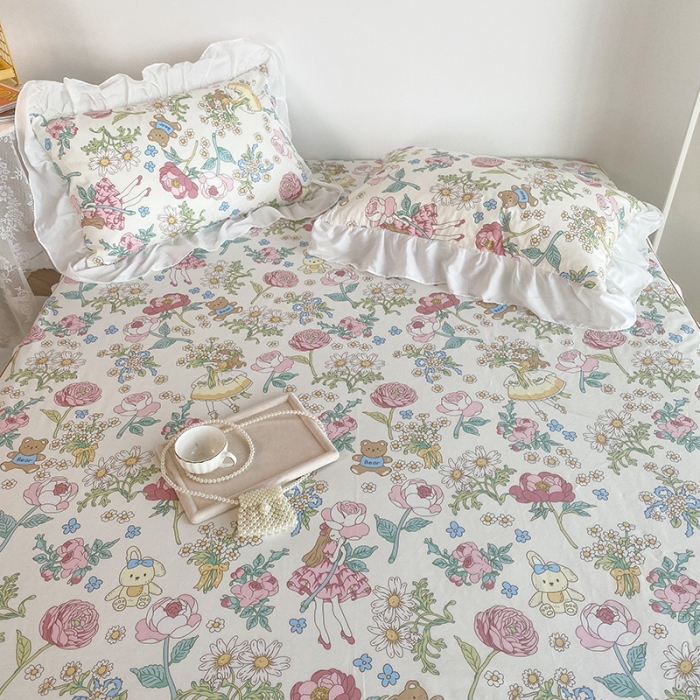 91家纺网 家纺一手货源 找家纺 简宜家居 2023新款40支纯棉小清新A版花边床笠 玛丽春天