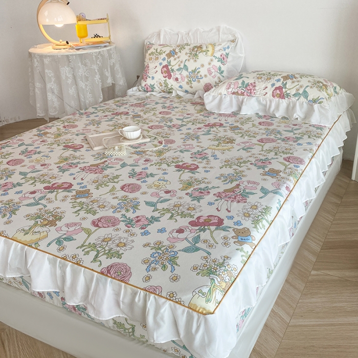 91家纺网 家纺一手货源 找家纺 简宜家居 2023新款40支纯棉小清新A版花边床笠 玛丽春天