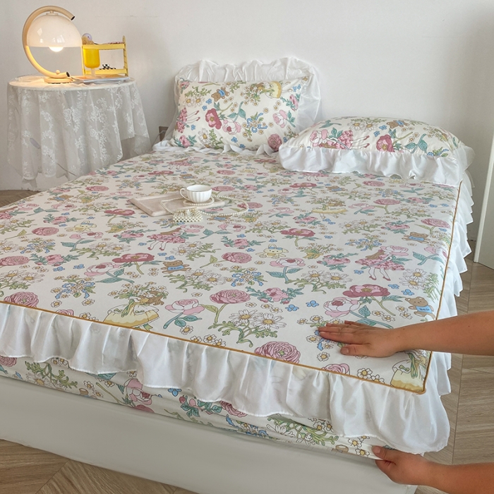 91家纺网 家纺一手货源 找家纺 简宜家居 2023新款40支纯棉小清新A版花边床笠 玛丽春天