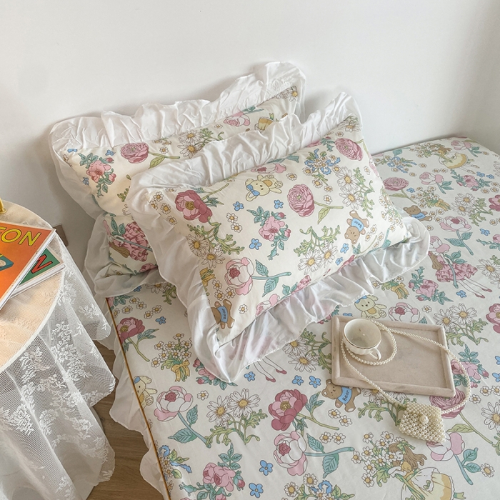 91家纺网 家纺一手货源 找家纺 简宜家居 2023新款40支纯棉小清新A版花边床笠 玛丽春天