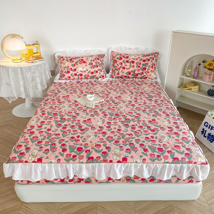 91家纺网 家纺一手货源 找家纺 简宜家居 2023新款40支纯棉小清新A版花边床笠 蔷薇兔