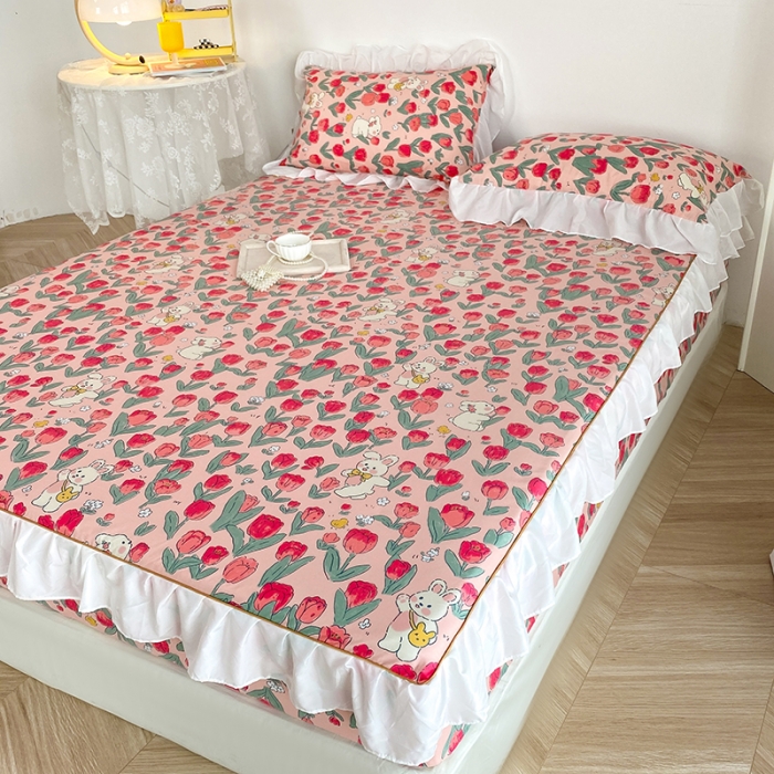 91家纺网 家纺一手货源 找家纺 简宜家居 2023新款40支纯棉小清新A版花边床笠 蔷薇兔