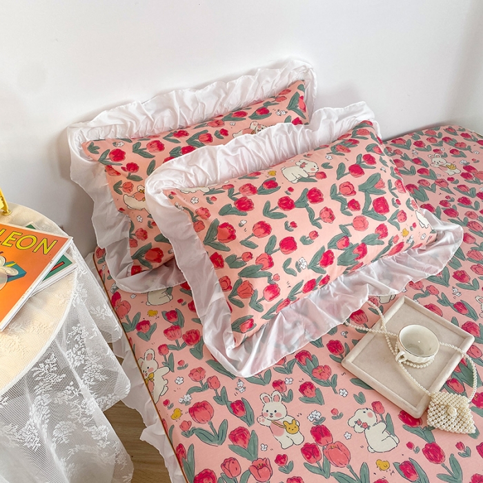 91家纺网 家纺一手货源 找家纺 简宜家居 2023新款40支纯棉小清新A版花边床笠 蔷薇兔