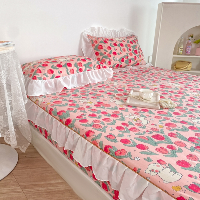 91家纺网 家纺一手货源 找家纺 简宜家居 2023新款40支纯棉小清新A版花边床笠 蔷薇兔