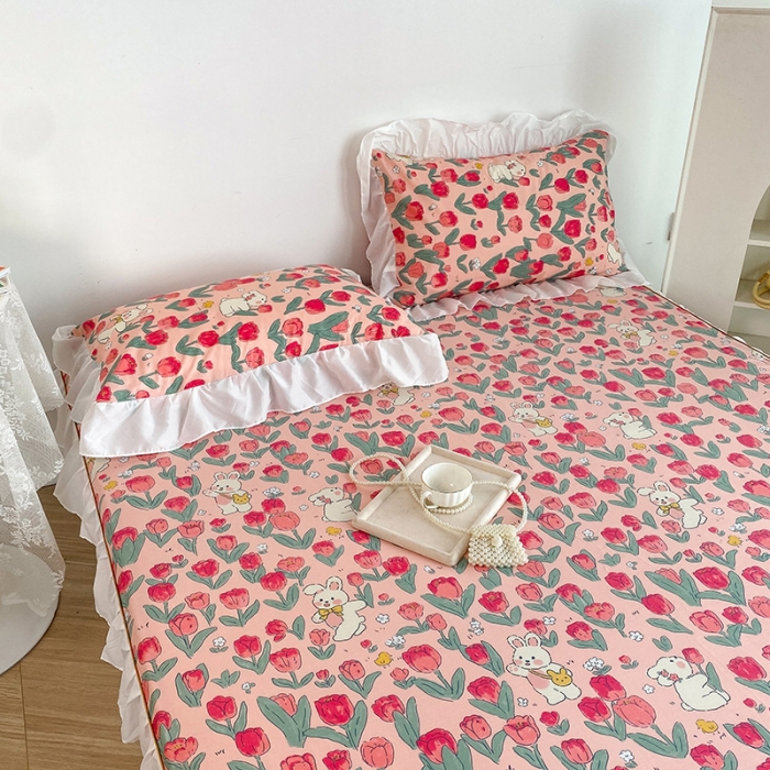 91家纺网 家纺一手货源 找家纺 简宜家居 2023新款40支纯棉小清新A版花边床笠 蔷薇兔