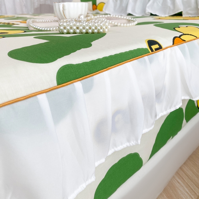 91家纺网 家纺一手货源 找家纺 简宜家居 2023新款40支纯棉小清新A版花边床笠 开心小黄鸭