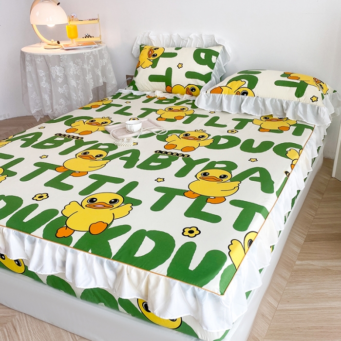 91家纺网 家纺一手货源 找家纺 简宜家居 2023新款40支纯棉小清新A版花边床笠 开心小黄鸭