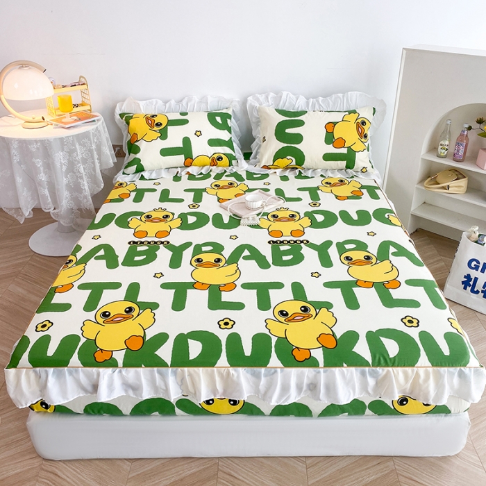 91家纺网 家纺一手货源 找家纺 简宜家居 2023新款40支纯棉小清新A版花边床笠 开心小黄鸭