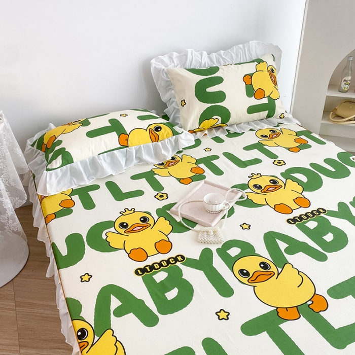 91家纺网 家纺一手货源 找家纺 简宜家居 2023新款40支纯棉小清新A版花边床笠 开心小黄鸭