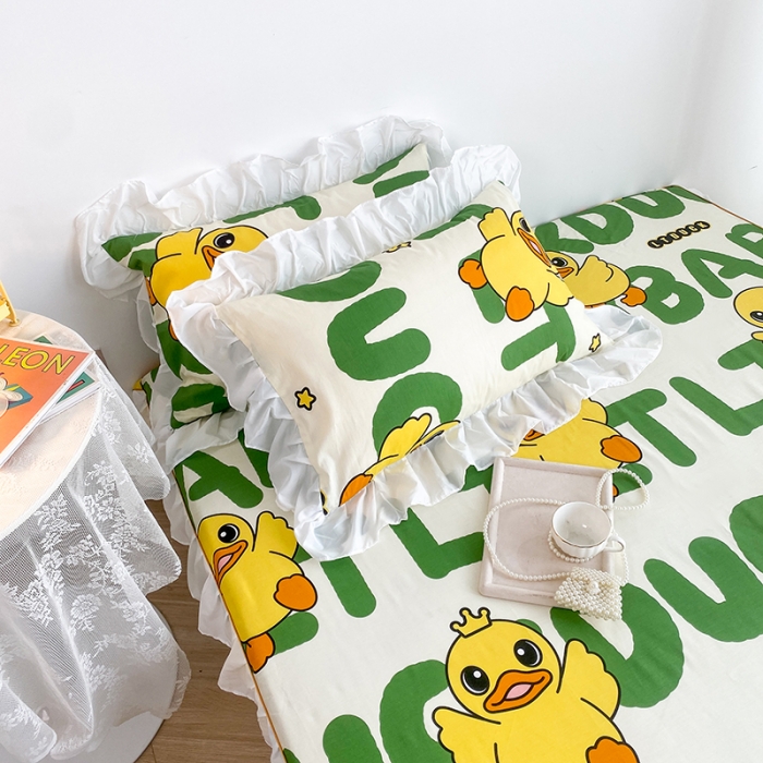 91家纺网 家纺一手货源 找家纺 简宜家居 2023新款40支纯棉小清新A版花边床笠 开心小黄鸭