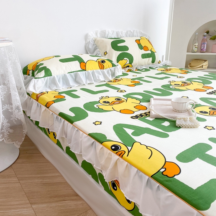 91家纺网 家纺一手货源 找家纺 简宜家居 2023新款40支纯棉小清新A版花边床笠 开心小黄鸭