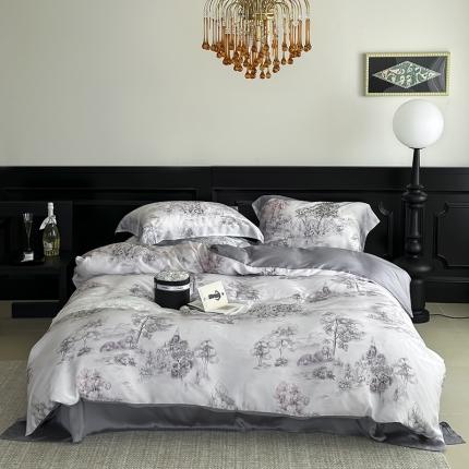 91家纺网 家纺一手货源 找家纺 风向标 2023新款60S兰精天丝数码印花墨意风华四件套-风格二 墨意风华-粉灰