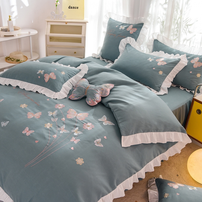 91家纺网 家纺一手货源 找家纺 丝印良品 2023新款云锦棉春卉四件套系列 春卉-黛蓝